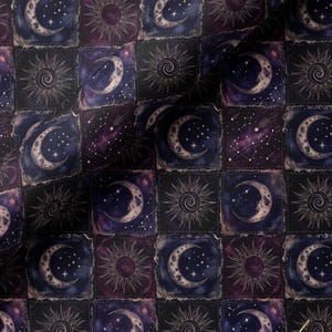 Celestial Moon Sun Patchwork Fabric Combed Pima Cotton Whimsigoth Gothic Quilt Style Indigo Plum Star Pattern Vintage Occult Aesthetic