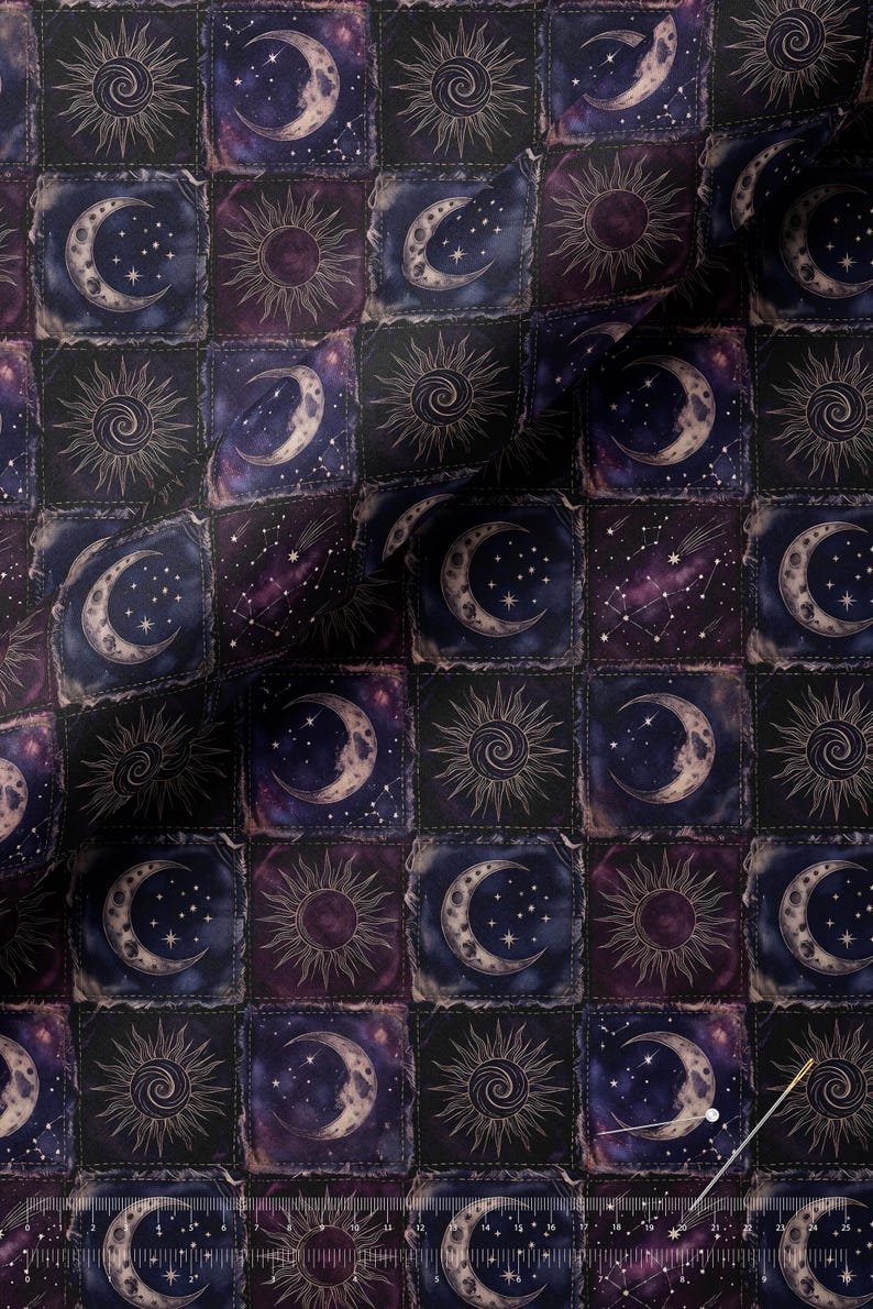 Celestial Moon Sun Patchwork Fabric Combed Pima Cotton Whimsigoth Gothic Quilt Style Indigo Plum Star Pattern Vintage Occult Aesthetic