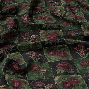 Victorian Gothic Rose Patchwork Fabric Combed Pima Cotton Dark Floral Quilt Print Antique Botanical Burgundy Green Moody Vintage Textile