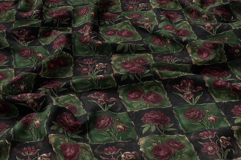 Victorian Gothic Rose Patchwork Fabric Combed Pima Cotton Dark Floral Quilt Print Antique Botanical Burgundy Green Moody Vintage Textile
