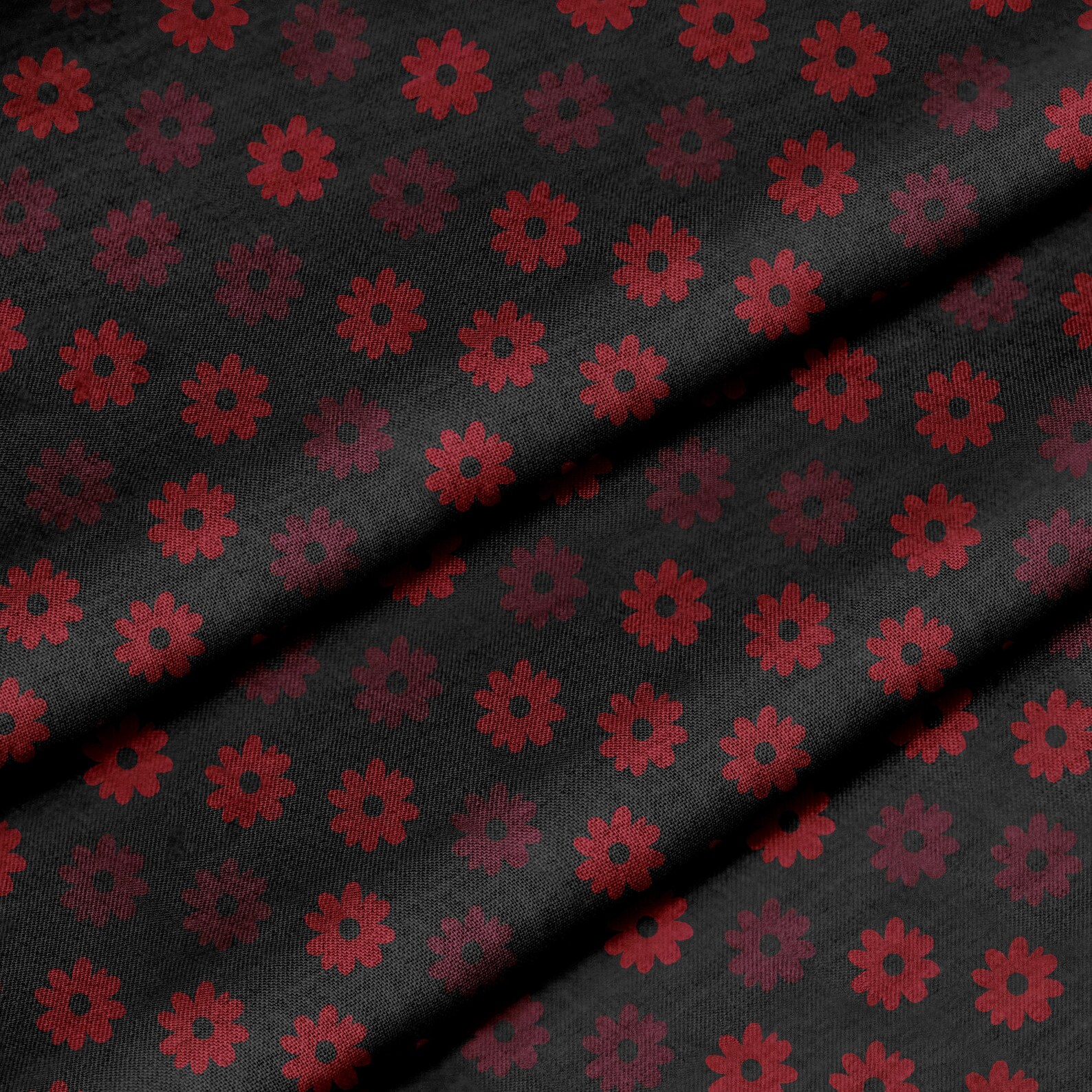 Red Plum Ditsy Daisy Pattern Fabric Dark Floral Cotton Fabric Burgundy ...