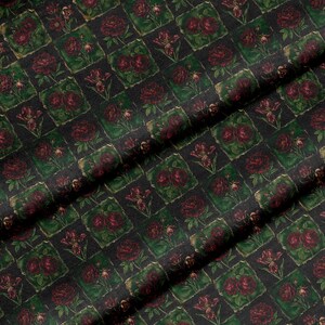 Victorian Gothic Rose Patchwork Fabric Combed Pima Cotton Dark Floral Quilt Print Antique Botanical Burgundy Green Moody Vintage Textile