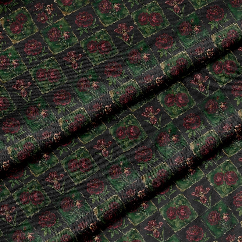Victorian Gothic Rose Patchwork Fabric Combed Pima Cotton Dark Floral Quilt Print Antique Botanical Burgundy Green Moody Vintage Textile