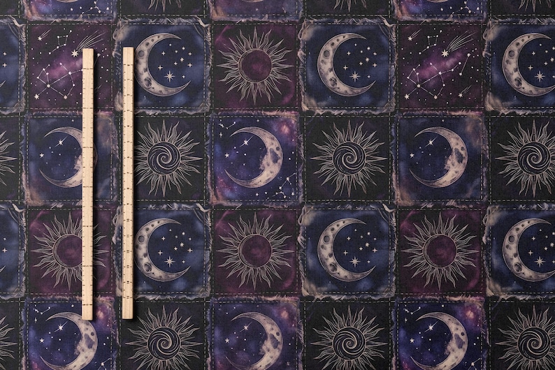 Celestial Moon Sun Patchwork Fabric Combed Pima Cotton Whimsigoth Gothic Quilt Style Indigo Plum Star Pattern Vintage Occult Aesthetic