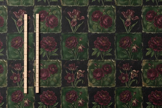 Victorian Gothic Rose Patchwork Fabric Combed Pima Cotton Dark Floral Quilt Print Antique Botanical Burgundy Green Moody Vintage Textile