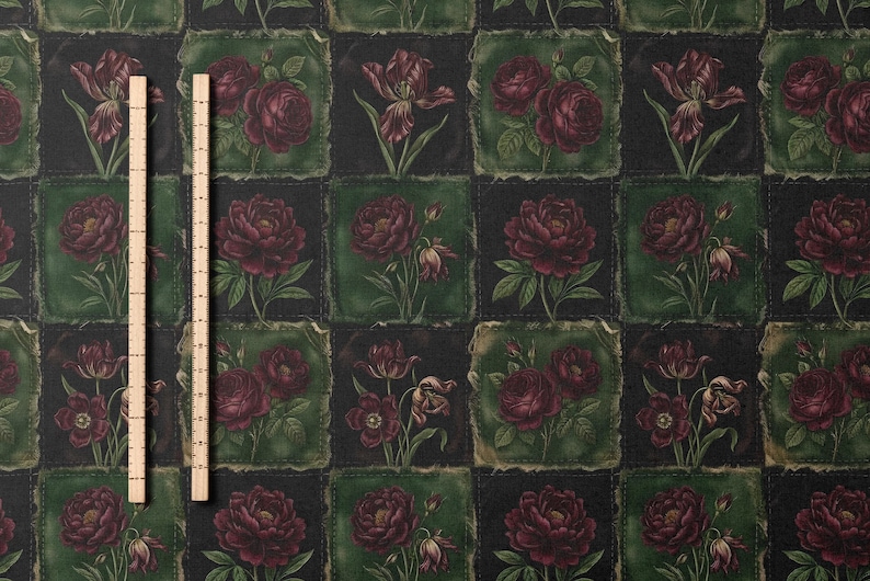 Victorian Gothic Rose Patchwork Fabric Combed Pima Cotton Dark Floral Quilt Print Antique Botanical Burgundy Green Moody Vintage Textile