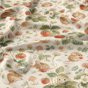 Strawberry Mouse Fabric by the Yard Vintage Cottagecore Mouse Fabric Strawberry Print Quilting Fabric Woodland Garden Cotton