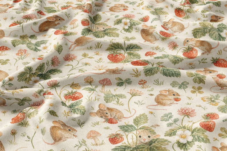 Strawberry Mouse Fabric by the Yard Vintage Cottagecore Mouse Fabric Strawberry Print Quilting Fabric Woodland Garden Cotton