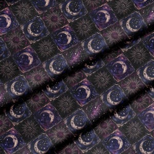 Celestial Moon Sun Patchwork Fabric Combed Pima Cotton Whimsigoth Gothic Quilt Style Indigo Plum Star Pattern Vintage Occult Aesthetic