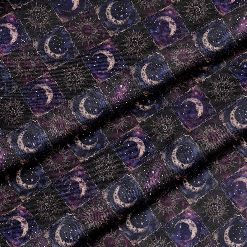 Celestial Moon Sun Patchwork Fabric Combed Pima Cotton Whimsigoth Gothic Quilt Style Indigo Plum Star Pattern Vintage Occult Aesthetic