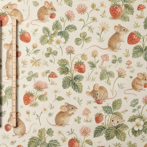 Strawberry Mouse Fabric by the Yard Vintage Cottagecore Mouse Fabric Strawberry Print Quilting Fabric Woodland Garden Cotton