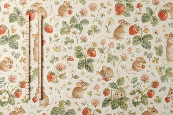 Strawberry Mouse Fabric by the Yard Vintage Cottagecore Mouse Fabric Strawberry Print Quilting Fabric Woodland Garden Cotton