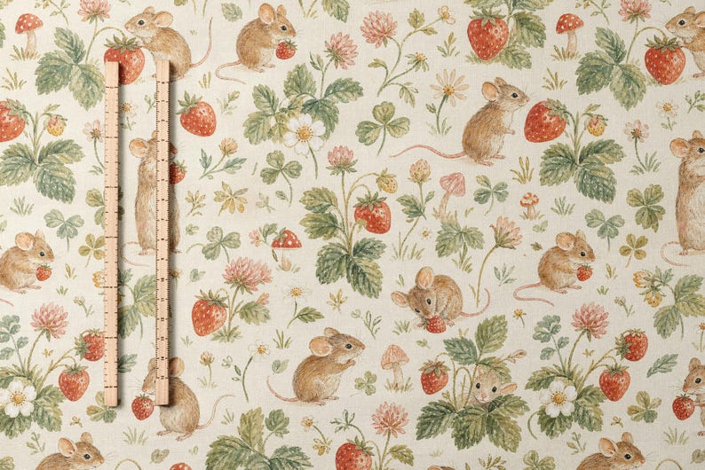 Strawberry Mouse Fabric by the Yard Vintage Cottagecore Mouse Fabric Strawberry Print Quilting Fabric Woodland Garden Cotton