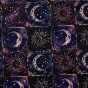 Celestial Moon Sun Patchwork Fabric Combed Pima Cotton Whimsigoth Gothic Quilt Style Indigo Plum Star Pattern Vintage Occult Aesthetic