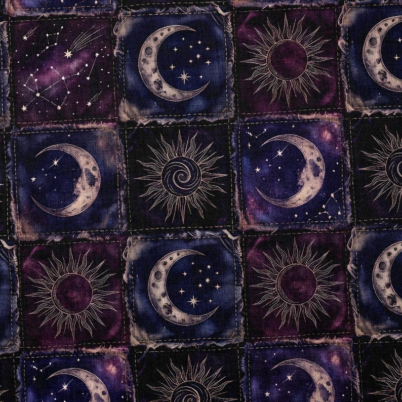 Celestial Moon Sun Patchwork Fabric Combed Pima Cotton Whimsigoth Gothic Quilt Style Indigo Plum Star Pattern Vintage Occult Aesthetic