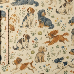 May include: A beige fabric featuring a repeating pattern of various dog breeds, including spaniels and terriers, interspersed with small flowers, tennis balls, and bones. Two wooden rulers are placed vertically on the left side of the fabric.