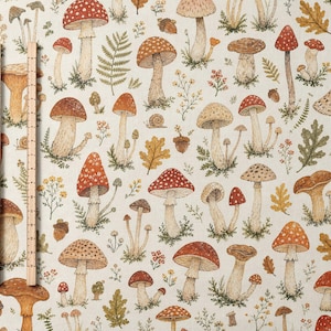 May include: A fabric pattern featuring various illustrated mushrooms, oak leaves, ferns, and acorns in earthy tones of red, brown, and green on a cream background, with two wooden rulers measuring 30 cm placed vertically on the left side.
