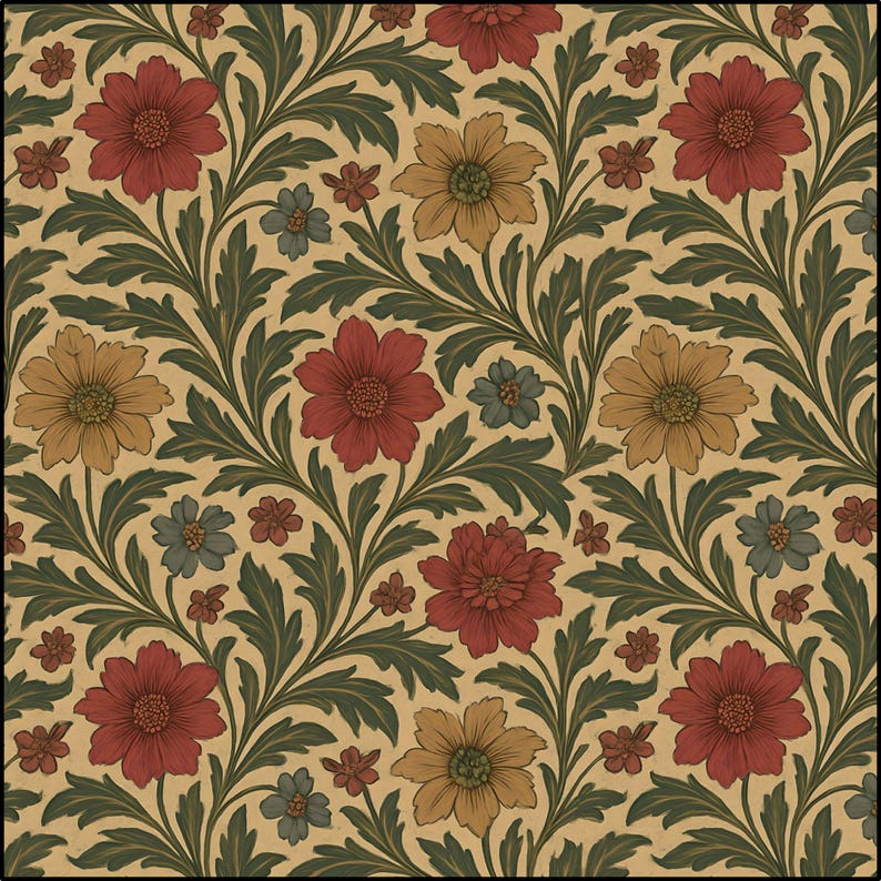 Vintage Floral Pattern Fabric William Morris Painting Style Pima Cotton Autumn Botanical Textile Cottagecore Sewing Home Decor