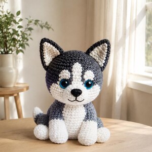 May include: A crocheted stuffed animal in the likeness of a husky dog. The plush toy features dark gray and white yarn, pointed ears with white inner details, a black nose, and large, round, bright blue plastic eyes with a stitched mouth.