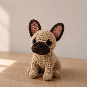 Puede incluir: Una figura de bulldog francés tejida a ganchillo con hilo de color tostado claro para el cuerpo, con un hocico marrón oscuro, ojos de plástico negro y orejas grandes y erguidas con detalles interiores en tono rosado. El juguete está sentado.