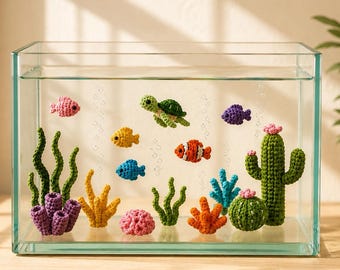 Aquarium Crochet Pattern Amigurumi Fish Turtle Cactus Seaweed Reef Coral Cup Bundle Digital Download PDF DIY Craft For Home Decor