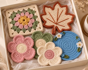 4-in-1 Bundle Pattern Granny Square Maple Leaf Flower And Flower-Rimmed Coaster Tutorial Instant Digital Download PDF Handmade Table Decor