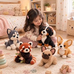 Puede incluir: Una colección de cinco animales de peluche tejidos a ganchillo que incluye un husky gris y blanco, un panda rojo sosteniendo una rama con flores rosas, un perro de montaña de Berna negro y marrón, un bulldog francés beige y un corgi beige y blanco.