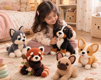 5-in-1 Animal Crochet Bundle Amigurumi Red Panda Corgi Husky Bulldog Bernese Dog Tutorial Instant Digital Download PDF DIY Handmade Plushies