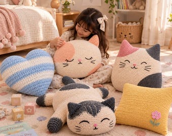 5-in-1 Crochet Bundle Sleepy Kitty Calico Cat Kitten Cushion Floral & Heart Pillow Tutorial Instant Digital Download PDF DIY Home Decor
