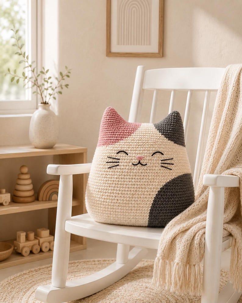 May include: A cat-shaped throw pillow featuring a crocheted texture in a tricolor pattern of cream, dusty pink, and dark gray. The pillow has embroidered facial features including closed eyes, a small pink nose, and black whiskers.