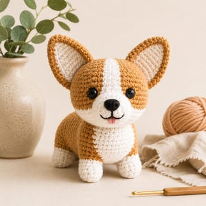 Könnte beinhalten: Ein handgefertigtes Häkel-Corgi-Stofftier aus beigem und weißem Garn mit großen spitzen Ohren, schwarzen Kunststoffaugen, einer schwarzen Nase und einer kleinen rosa Zunge. Das Stofftier ist dicht gehäkelt und steht auf vier kurzen Beinen.