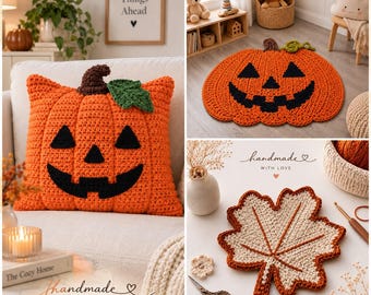 3-in-1 Crochet Bundle Pattern For Seasonal Decor Pumpkin Rug Pillow and Maple Leaf Coaster Tutorial Instant Digital Download PDF DIY Decor