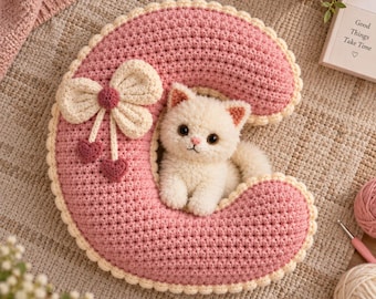 2-in-1 Crochet Bundle Pattern for Beginners Letter C Pillow and Fluffy White Cat Tutorial Instant Digital Download PDF DIY Nursery  Decor