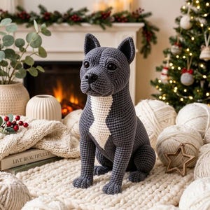 May include: A dark gray crocheted dog figurine with a white chest patch, pointed ears, and black plastic eyes. The handmade stuffed animal is seated in an upright position, featuring a textured yarn surface and detailed stitching throughout its body.