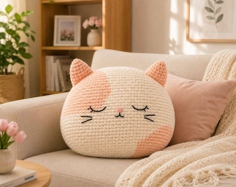Sleepy Kitten Crochet Pattern For Beginners Amigurumi Plush Pillow Cushion Tutorial Instant Digital Download PDF DIY Home Decor