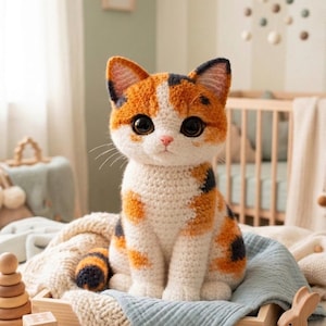 May include: A crocheted calico cat plush toy with large dark eyes, white, orange, and black fur patches, and a sitting posture. The cat features detailed yarn texture, pointed ears, and a small pink nose, crafted with a soft, handmade appearance.