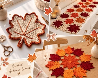3-in-1 Fall Crochet Bundle Maple Leaf Table Runner Coaster and Mandala Pattern Tutorial Instant Digital Download PDF DIY Seasonal Decor