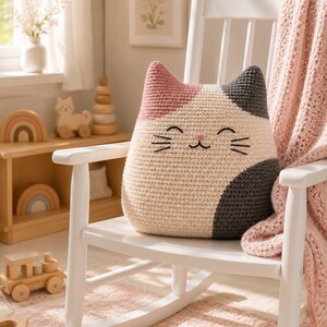 May include: A crochet cat-shaped pillow featuring a color-blocked design in cream, dusty pink, and dark gray. The pillow has embroidered black eyes, whiskers, and a pink nose, creating a simple feline face on the front surface of the cushion.