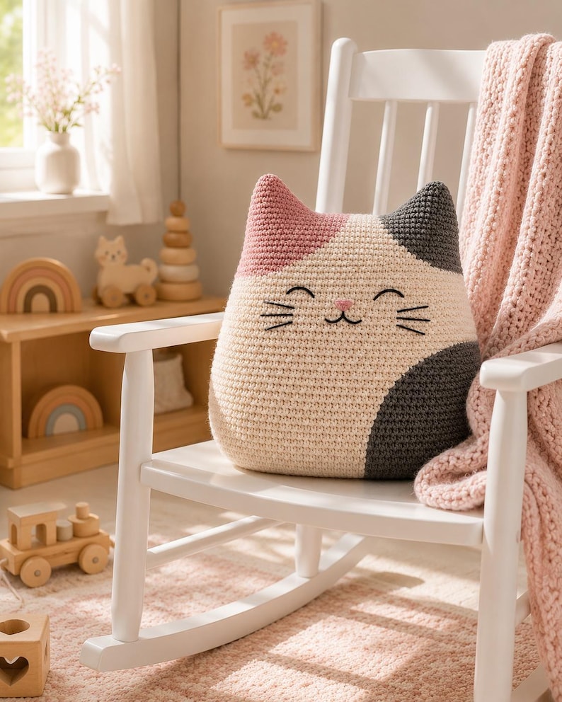 May include: A crochet cat-shaped pillow featuring a color-blocked design in cream, dusty pink, and dark gray. The pillow has embroidered black eyes, whiskers, and a pink nose, creating a simple feline face on the front surface of the cushion.