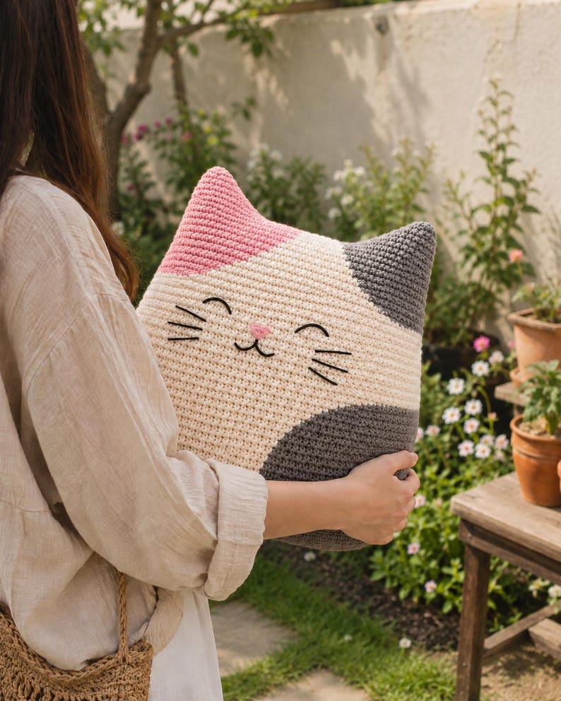 May include: A cat-shaped crochet pillow featuring a cream-colored face with a pink ear, a dark gray ear, and dark gray patches on the sides. The pillow has embroidered black eyes, a small pink nose, and black whiskers stitched onto the front.