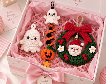 3-in-1 Crochet Bundle Pattern For Holiday Decor Pumpkin Hanging Ghost Keychain and Christmas Wreath Tutorial Digital Download PDF DIY Gift