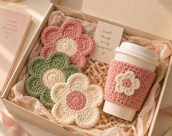 2-in-1 Crochet Pattern Bundle Cup Sleeve and Floral Daisy Coaster Tutorial Instant Digital Download PDF DIY Handmade Table Decor