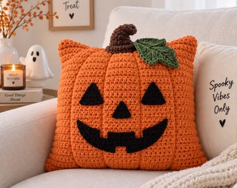 Pumpkin Pillow Crochet Pattern  For Halloween Amigurumi Jack-O'-Lantern Cushion Tutorial Instant Digital Download PDF DIY Spooky Home Decor