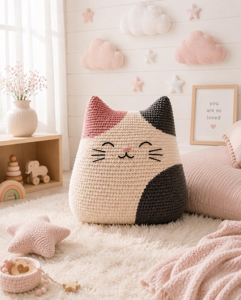 May include: A large, plush, crocheted cat-shaped pillow featuring a tricolor pattern of cream, dusty pink, and dark charcoal gray. The cat face is embroidered with black thread, showing closed eyes, a small nose, and whiskers on a cream base.
