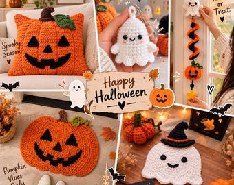5-in-1 Halloween Crochet Bundle Pumpkin Mat & Pillow Ghost keychain and  Coaster Wall Hanging Tutorial Digital Download PDF DIY Spooky Decor