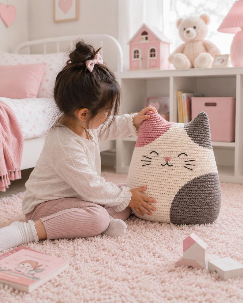 May include: A plush cat-shaped pillow featuring a cream-colored face with embroidered black eyes, a pink nose, and whiskers. The pillow has a pink patch on the left ear and a dark gray patch on the right side, crafted with a textured knit fabric.