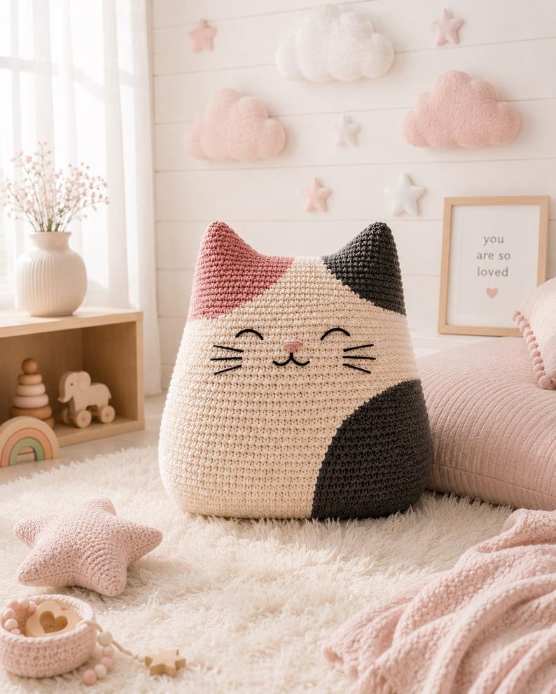 May include: A large, plush, crocheted cat-shaped pillow featuring a tricolor pattern of cream, dusty pink, and dark charcoal gray. The cat face is embroidered with black thread, showing closed eyes, a small nose, and whiskers on a cream base.