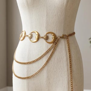 Gold Celestial Moon Chain Belt, Layered Festival Waist Chain, Witchy Fashion Accessory