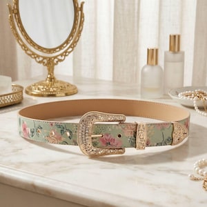 Vintage 70s Jute Belt Gold Flower Buckle Tan Waist Belt Festival Boho 70s+tooled+leather+belt.jpg?  main image 3