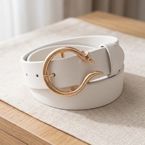 Pode incluir: Um cinto branco com uma fivela metálica circular em tom dourado. A fivela apresenta um design distinto com um pequeno detalhe de estrela no topo e uma extremidade curva e pontiaguda. A tira do cinto é lisa, de cor branca sólida.